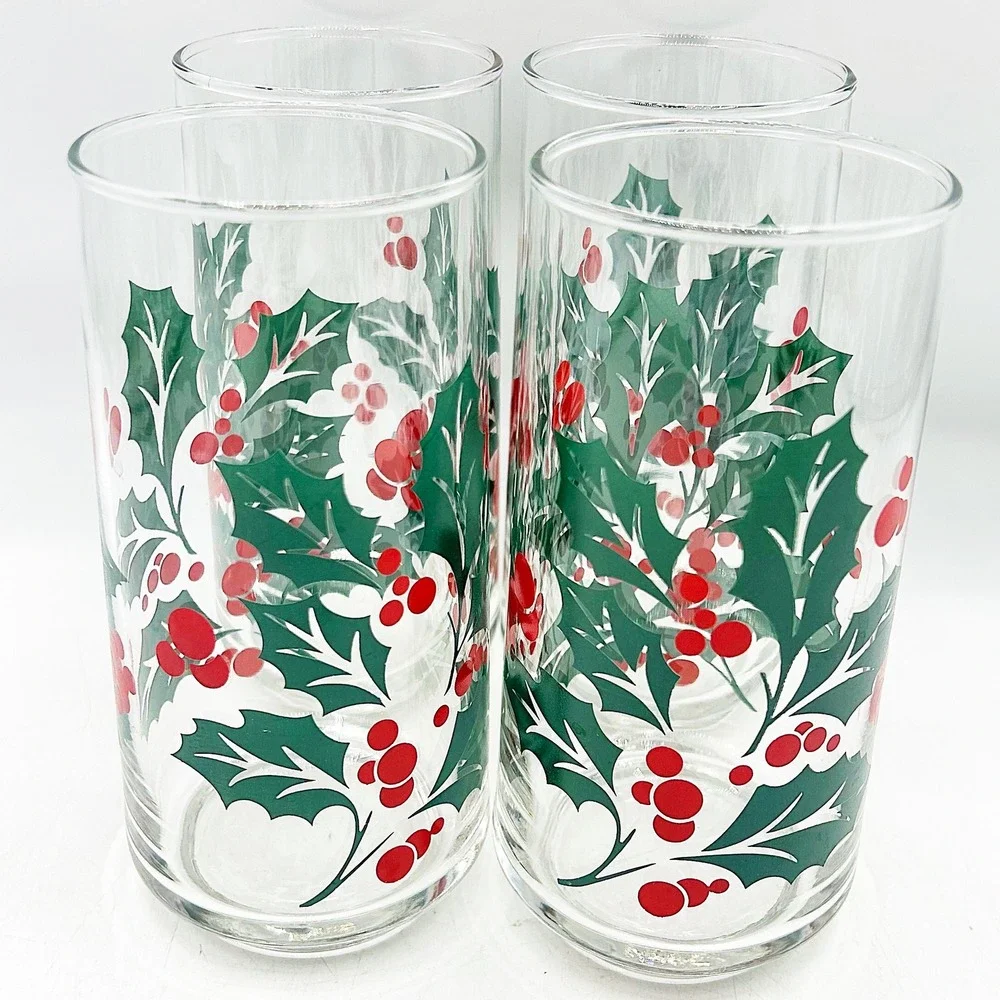 Libbey Christmas Holly Berry‎ Tumbler Glasses Set of 4 Clear Crisa